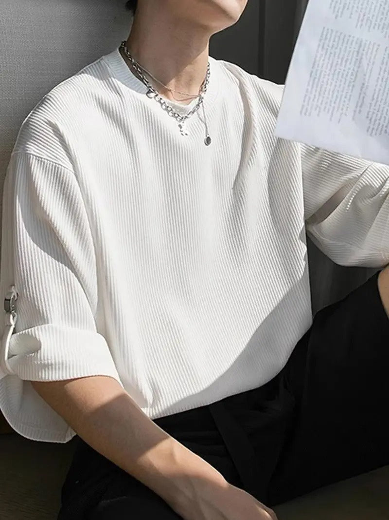 Men's Ribbed Crew Neck Shirt with Wide Sleeves